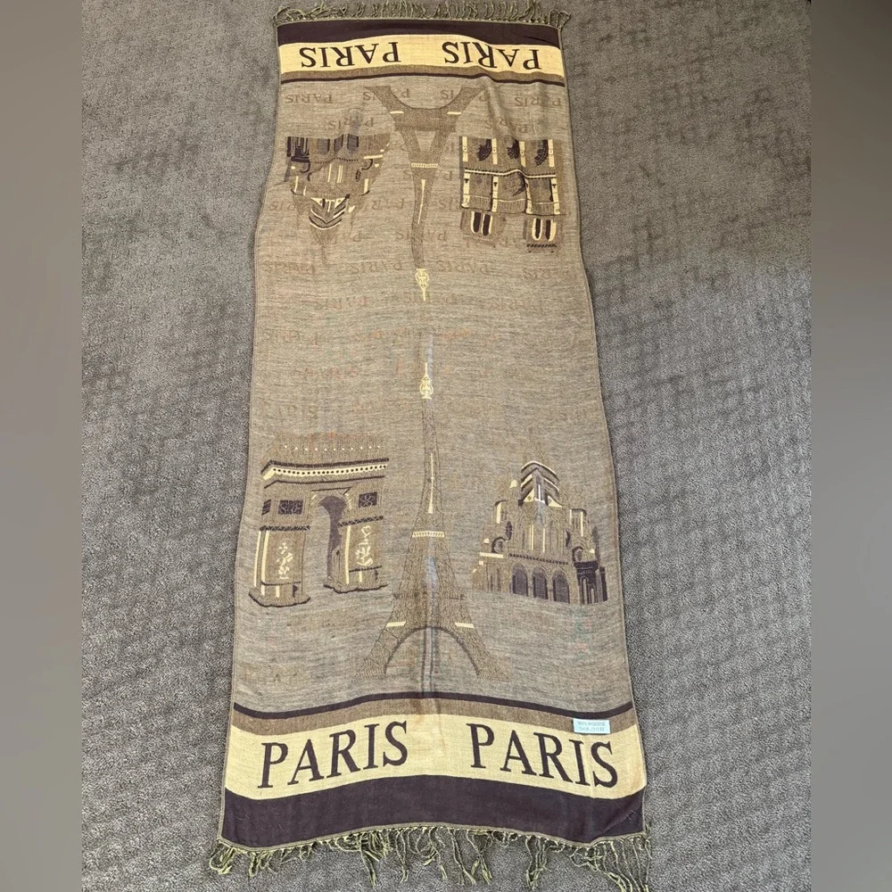 PARIS SCARF SHAWL WRAP VISCOUS BROWN BEIGE FRINGES EIFFEL  TOWER ARC DE TRIOMPHE